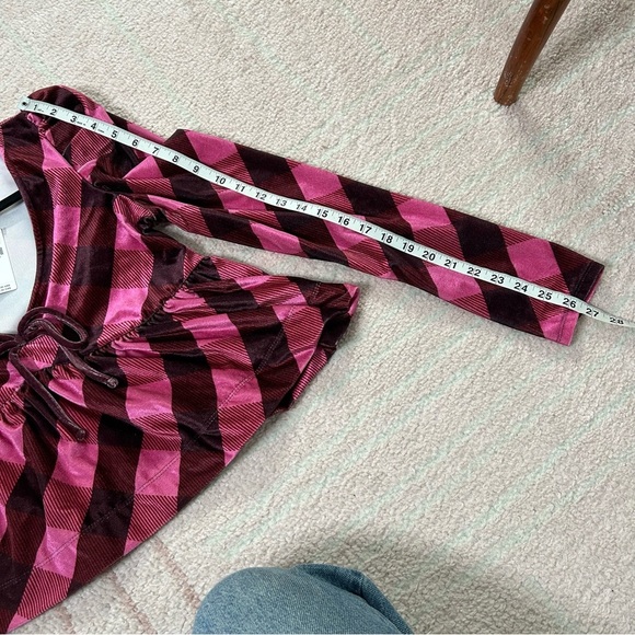 NWT Maeve Velvet Pink Maroon Plaid Puff Sleeve Top Low Cut Size Medium - Picture 11 of 12